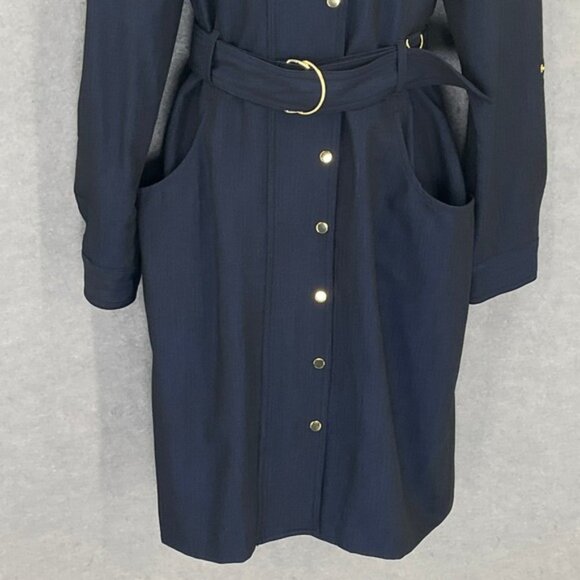 Calvin Klein Belted Dress Womens Sz 14  Navy Pinstripe Long Sleeve Gold Buttons - Picture 5 of 13